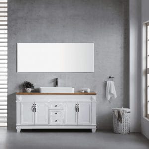 ארון אמבטיה עץ מלא כיור מונח חרס לבן ומראה מרחפת-PHI