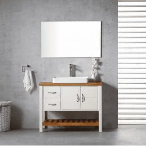 ארון אמבטיה עץ מלא כיור מונח חרס לבן ומראה מרחפת-VIS