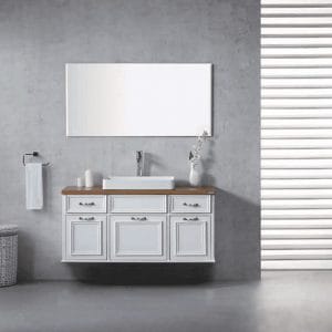 ארון אמבטיה עץ מלא כיור מונח חרס לבן ומראה מרחפת-ITA