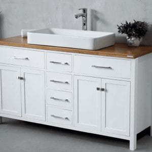 ארון אמבטיה עץ מלא כיור מונח חרס לבן ומראה מרחפת-VIV