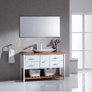 ארון אמבטיה עץ מלא כיור מונח חרס לבן ומראה מרחפת-LAG