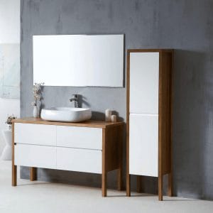 ארון אמבטיה עץ מלא כיור מונח חרס לבן ומראה מרחפת-MOO