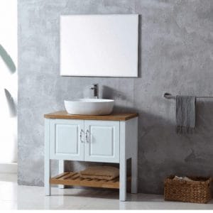 ארון אמבטיה עץ מלא כיור מונח חרס לבן ומראה מרחפת-MAR