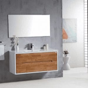 ארון אמבטיה עץ מלא כיור חרס לבן ומראה מרחפת-NEE