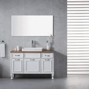 ארון אמבטיה עץ מלא כיור מונח חרס לבן ומראה מרחפת-ROM