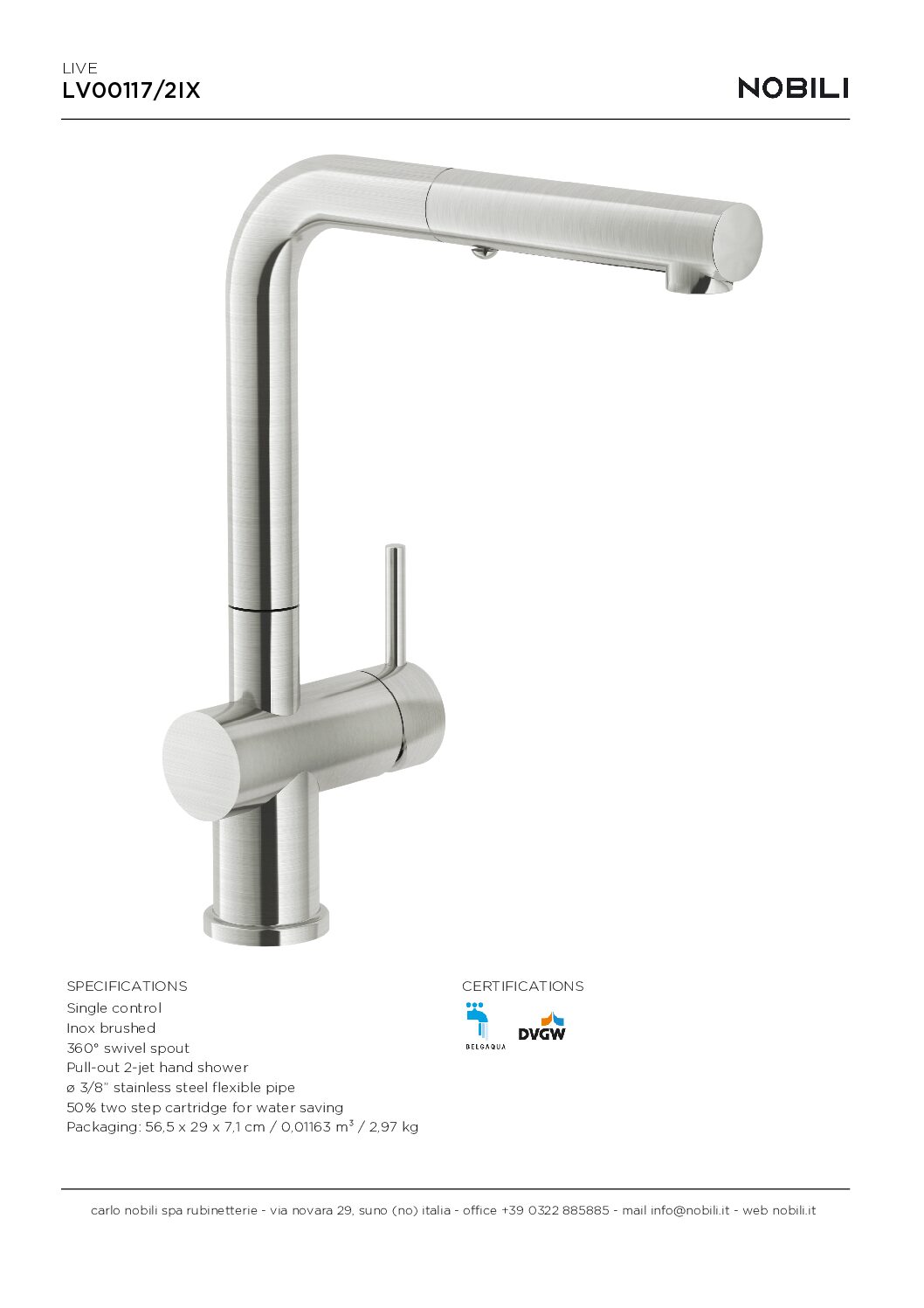 LO 117-2IX ברז קפיצי נשלף למטבח מזלף 2 מצבים עם מחסנית לחיסכון מים איטלקי מנירוסטה NOBILI